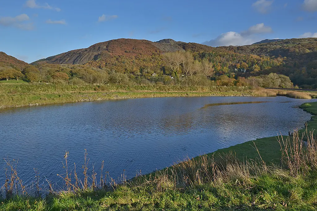 Water and wooded hills beside the estuary at Arthog