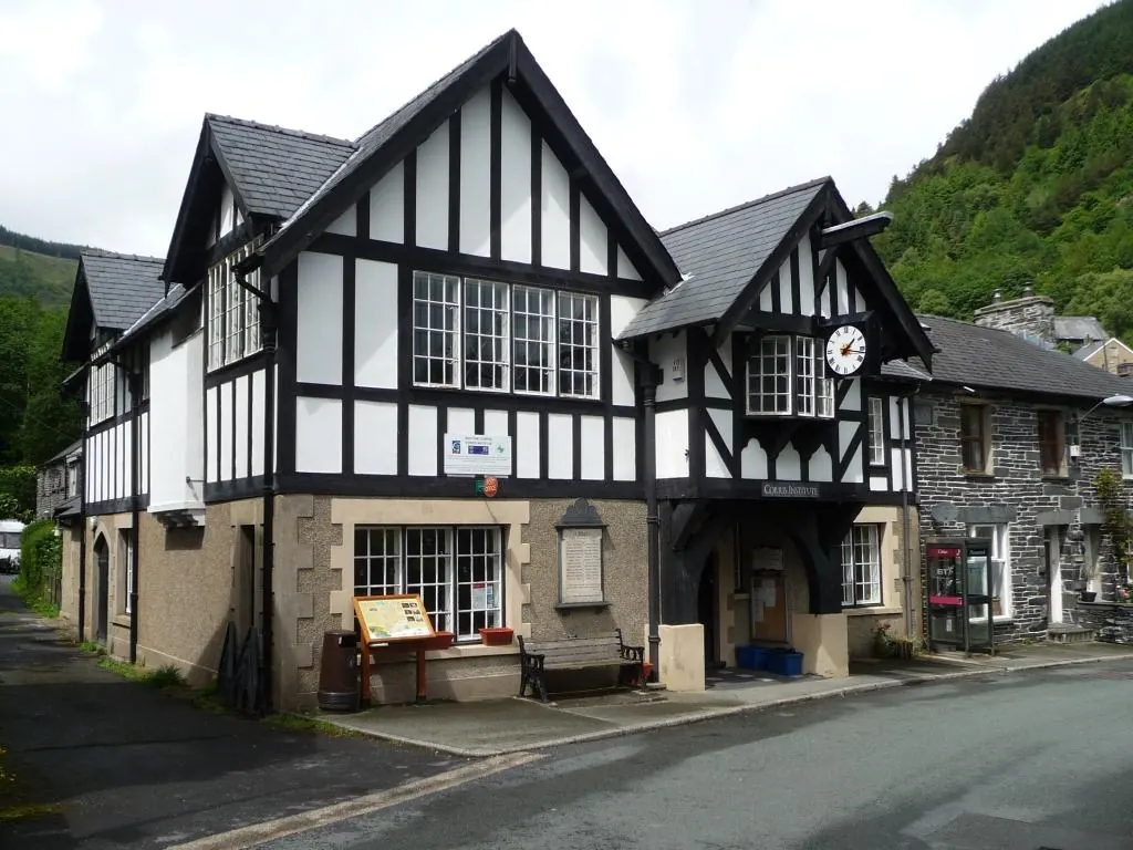 The black and white timbered frontage of Corris Institute