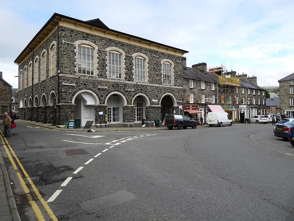 The stone Market Hall and surrounding buildings in Eldon Square, Dolgellau