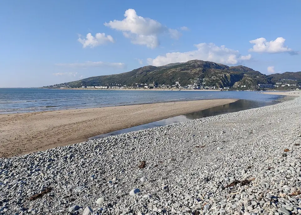 Fairbourne beach and shingle, looking across the water towards Barmouth