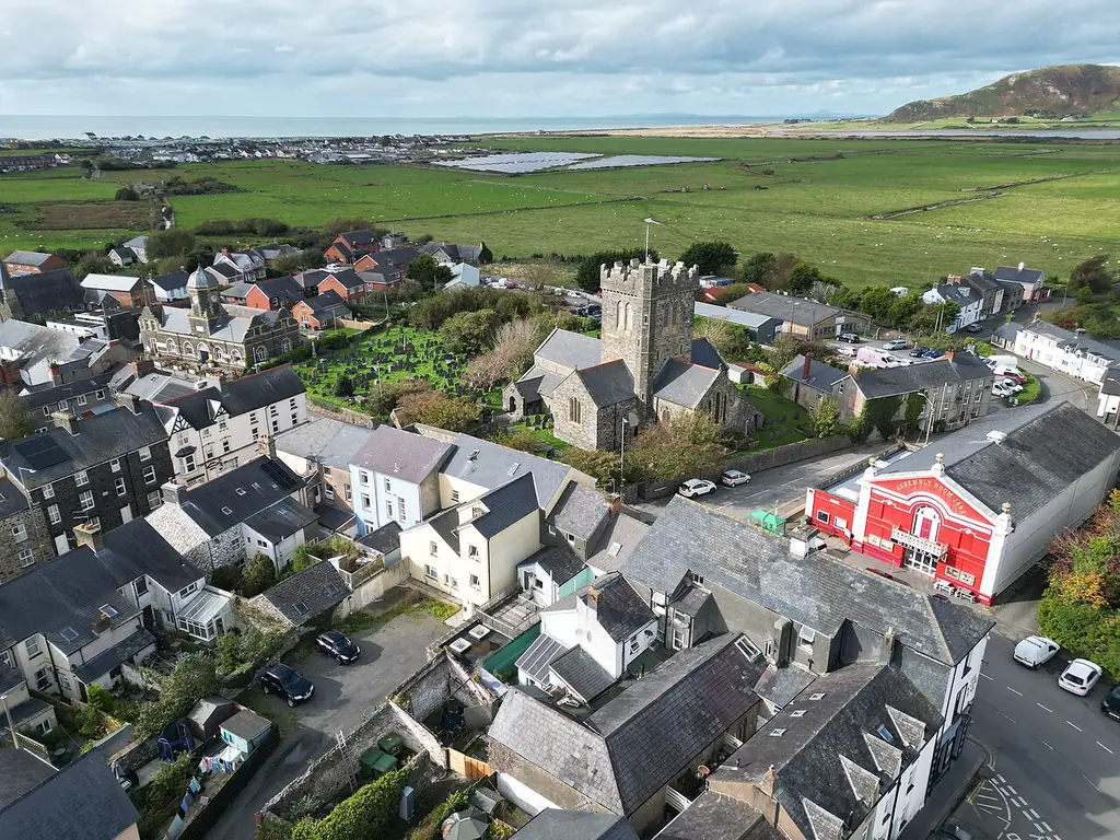 St Cadfan’s Church and the surrounding streets of Tywyn seen from above