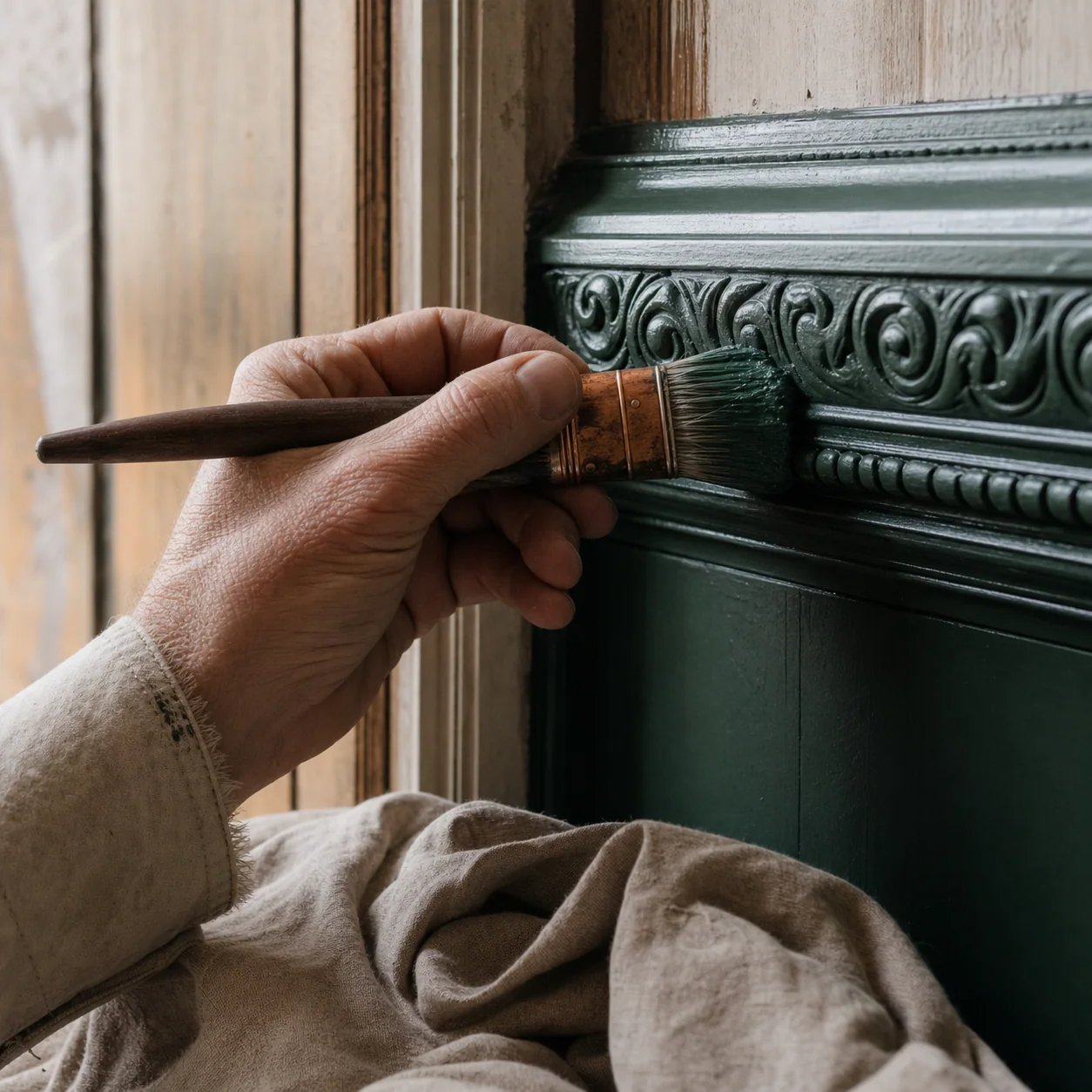 A decorator carefully painting ornate timber moulding in deep green